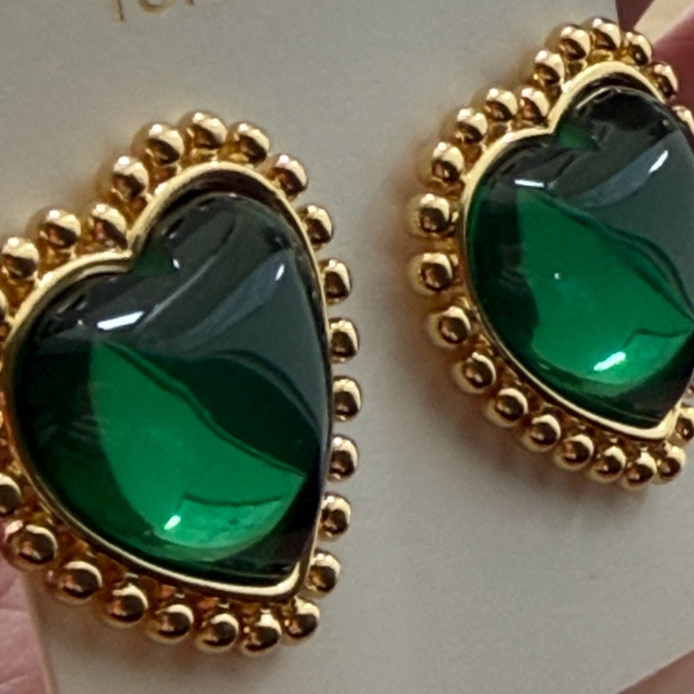 Tory Burch Green and Gold Heart logo stud  Earrings - Picture 3 of 9